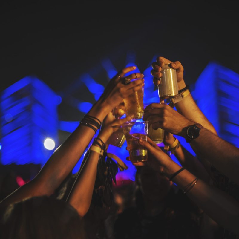 Group of Friends Drinking Beers Enjoying Music Festival together